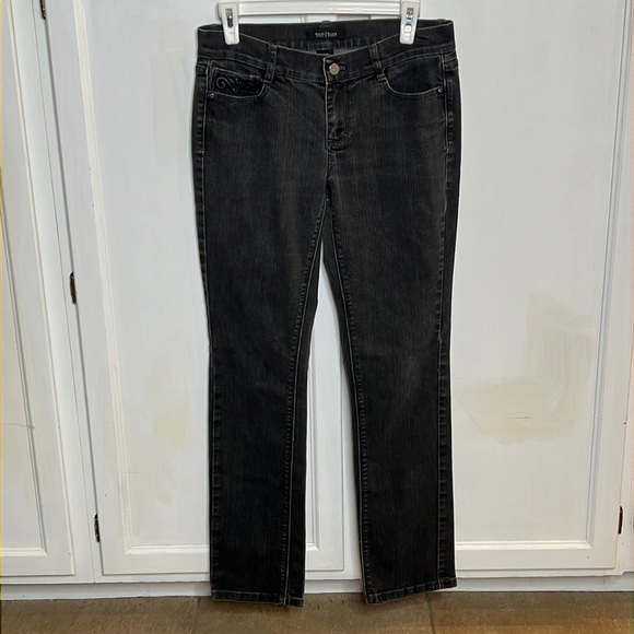 👖WHITE HOUSE BLACK MARKET NOIR 4R Slim Leg blk denim jeans embellished pockets - Picture 2 of 14